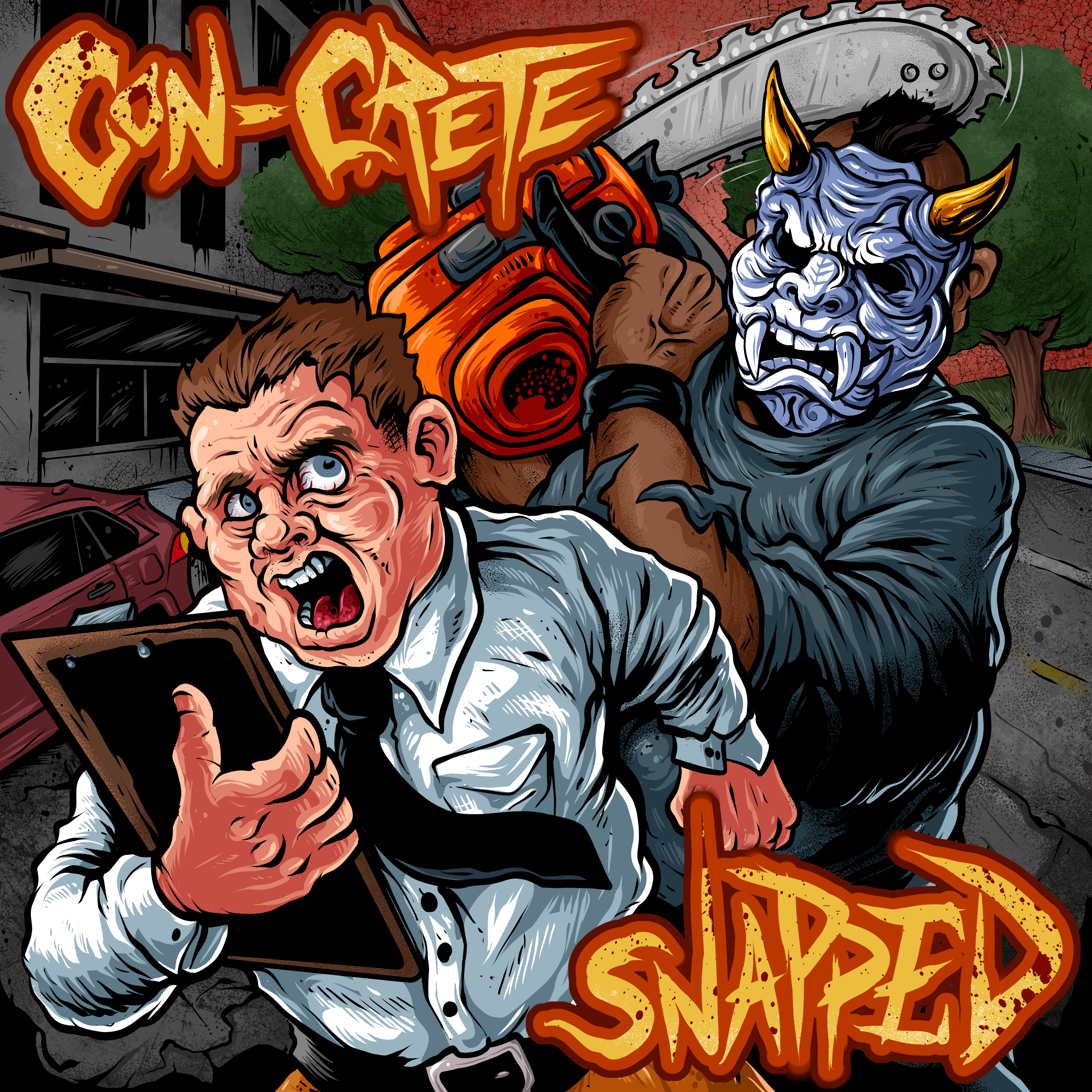 Grey Con-Crete shirt featuring Concrete chasing a guy with a chainsaw