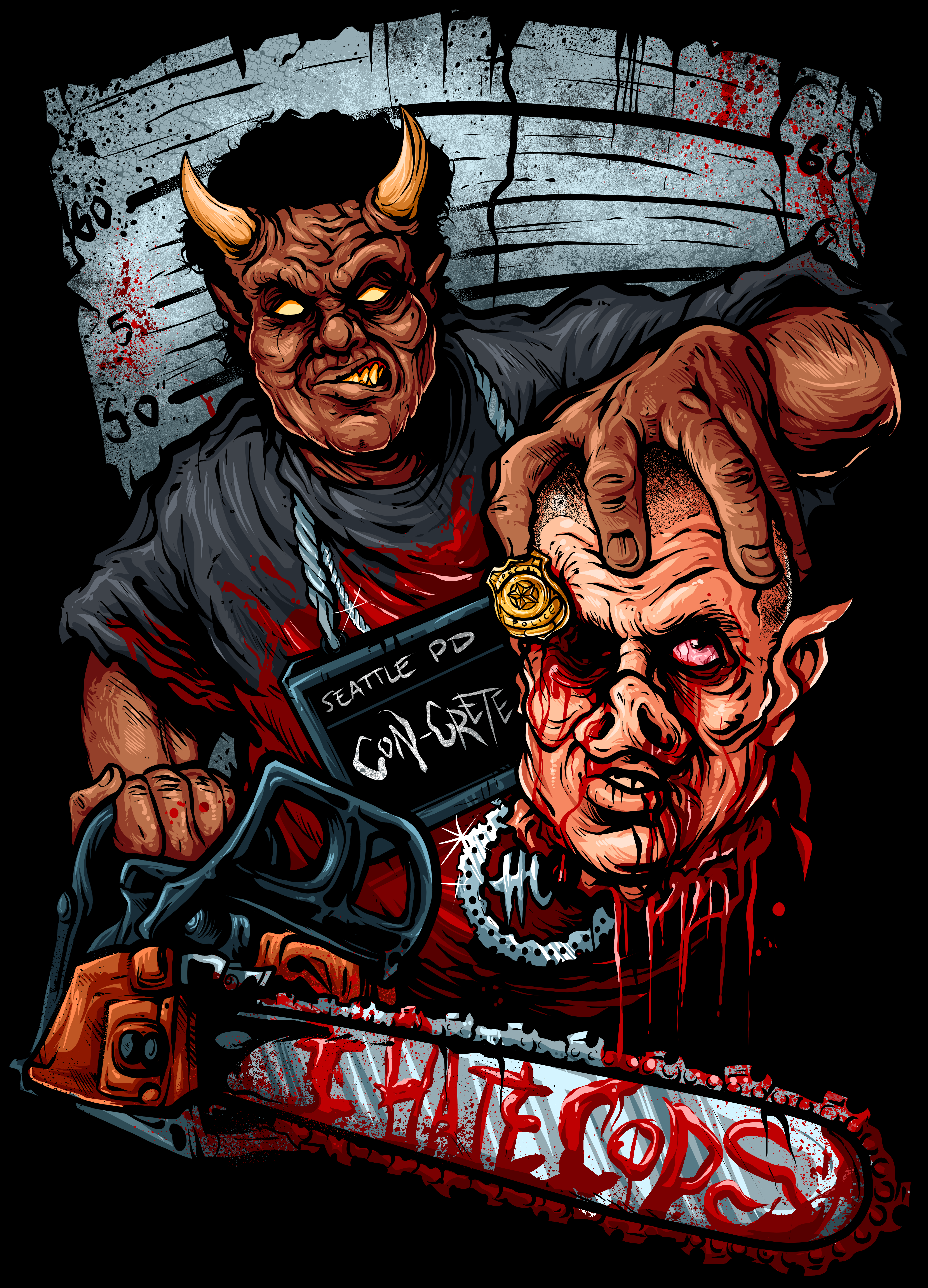 Con-Crete SPD shirt featuring Concrete chasing a guy with a chainsaw